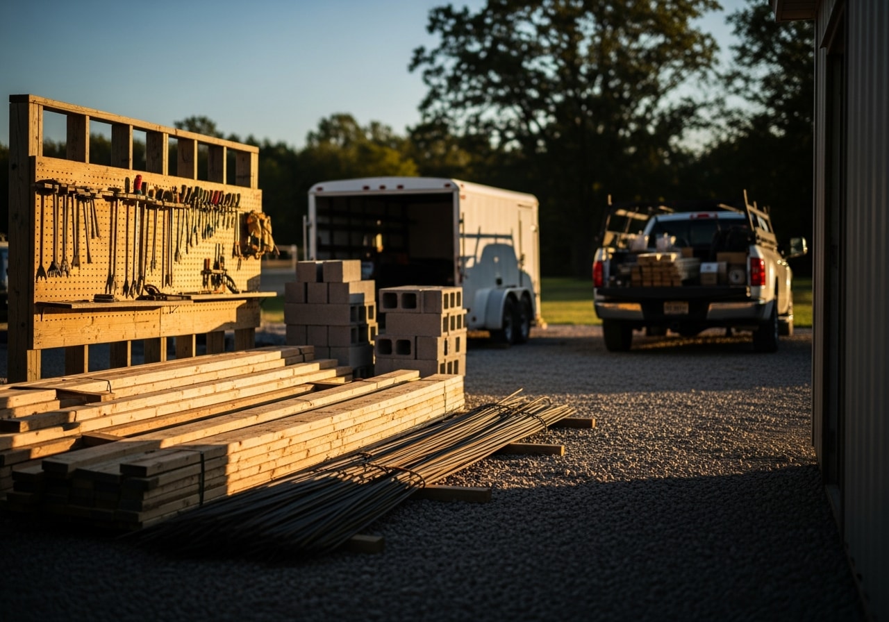 Construction crew and tools on a job site, showcasing the equipment and materials used in residential and commercial building projects.