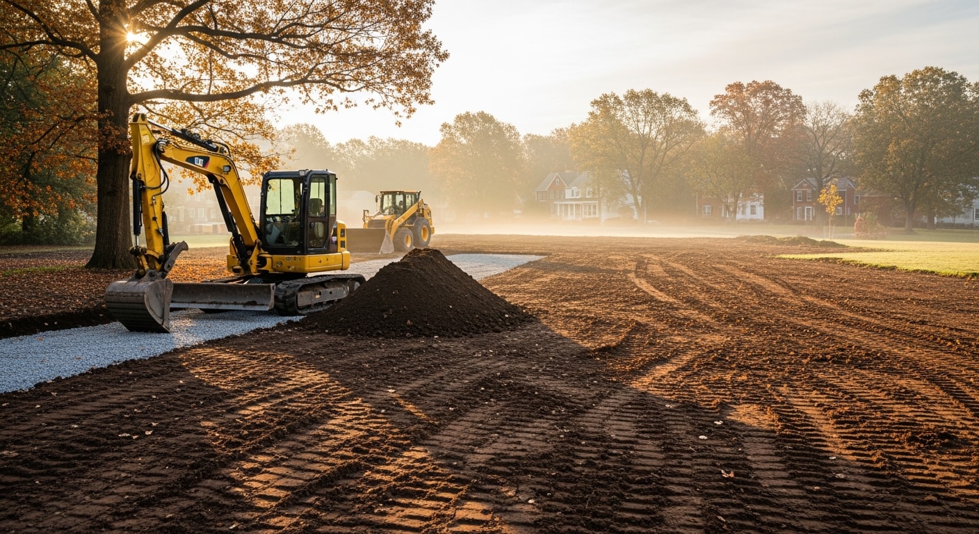 Excavation equipment preparing a building site