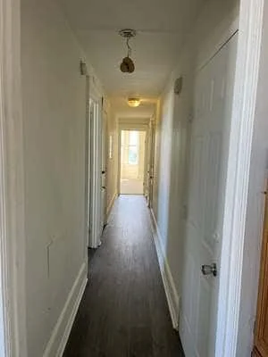 Renovated hallway with white walls, dark hardwood floors, and pendant lighting