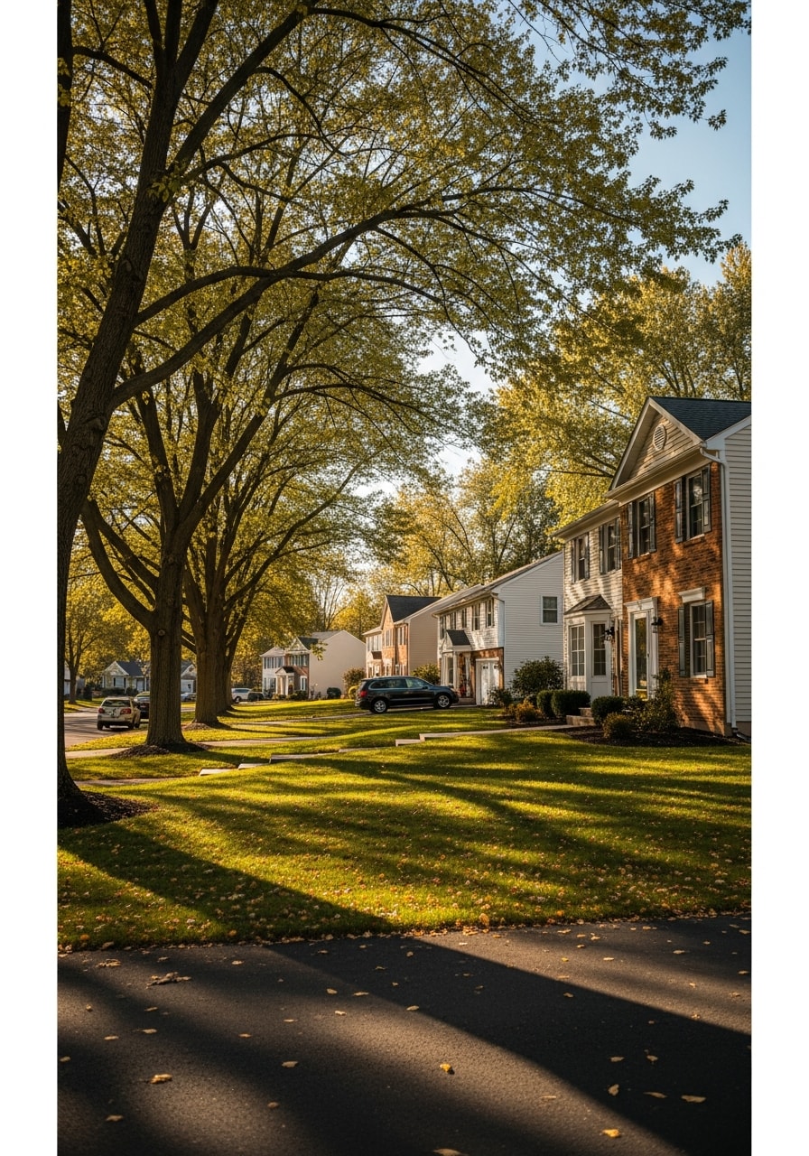 Mechanicsburg residential neighborhood with varied home styles and mature trees.