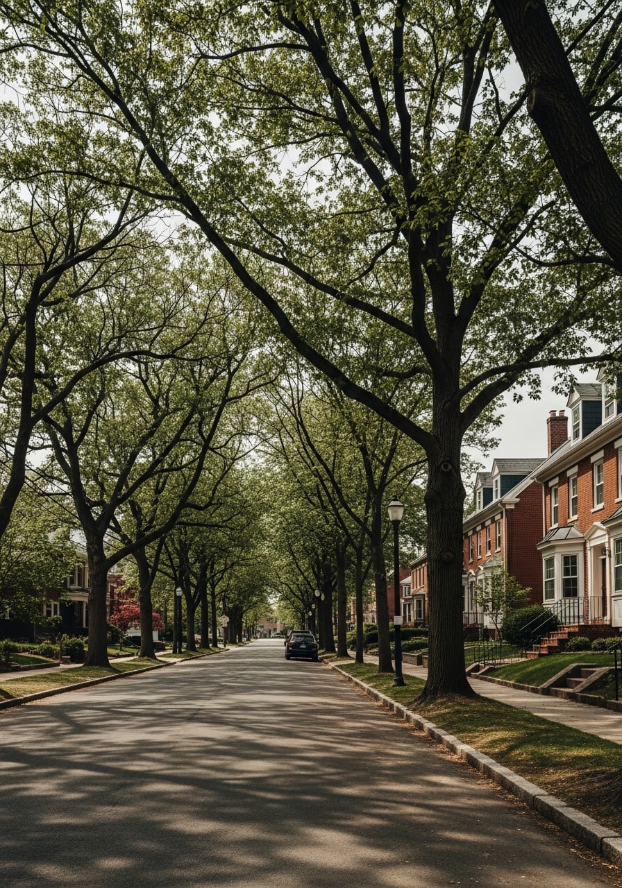 Residential York neighborhood with tree-lined street and varied architectural styles.
