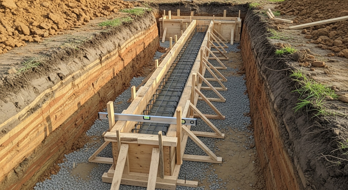Freshly poured concrete footings in an open excavation at a residential foundation repair site in Windsor, PA. The footings are set below grade with formed edges and compacted soil base visible along the trench walls.