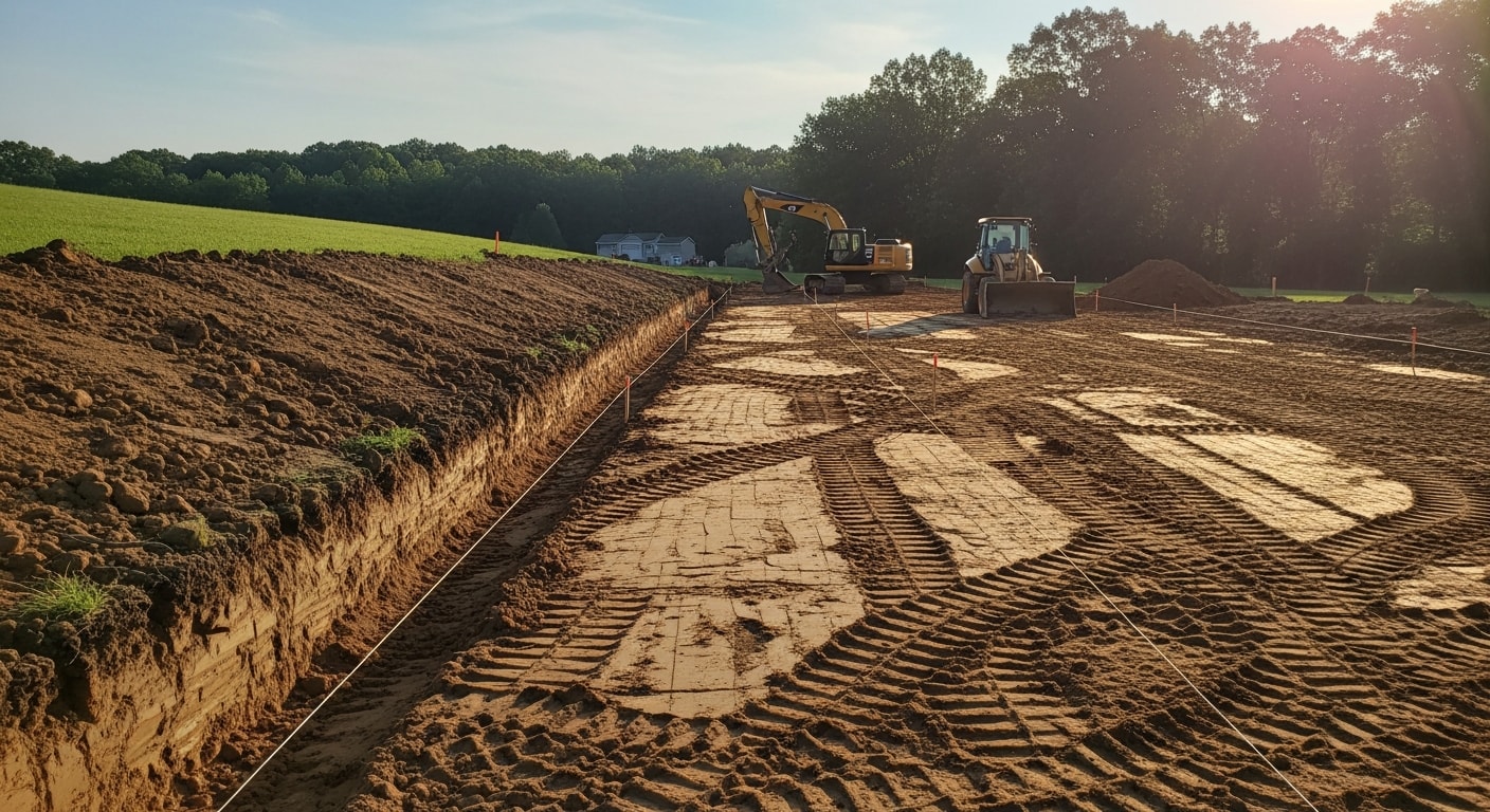 An excavator digging a foundation trench on a residential lot in Windsor, PA, with graded clay soil and cleared land visible in the foreground. Iron Peak Construction equipment is positioned on a leveled site ready for construction.