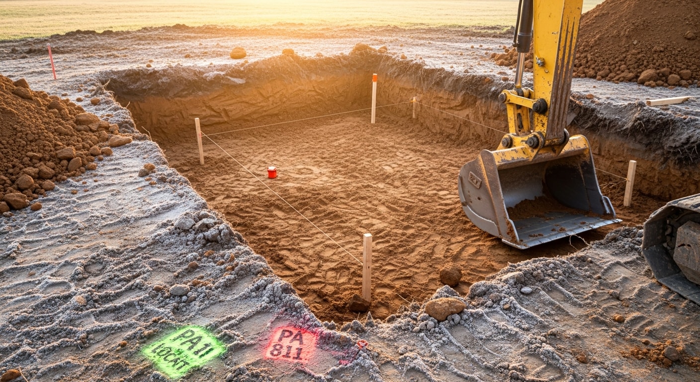 An excavator operated by Iron Peak Construction cuts a deep, level foundation hole on a residential lot in Windsor, PA. The excavation walls are clean and squared, with stockpiled soil visible beside the open dig.