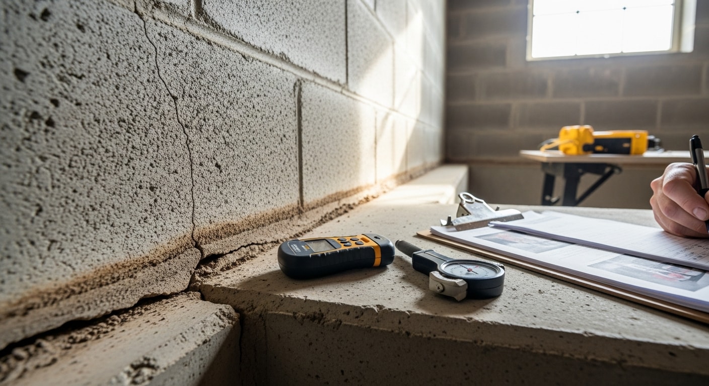 Iron Peak Construction crew member inspecting a poured concrete foundation wall in a Windsor, PA home basement, examining a visible horizontal crack near the base of the wall. Close-up view shows the inspector noting moisture staining and wall displacement during a professional foundation assessment.