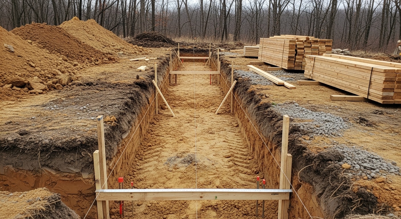 A freshly formed concrete foundation wall with perimeter footing in place at a residential construction site in Windsor, PA. The excavated lot shows compacted base material and drainage preparation on a York County property.