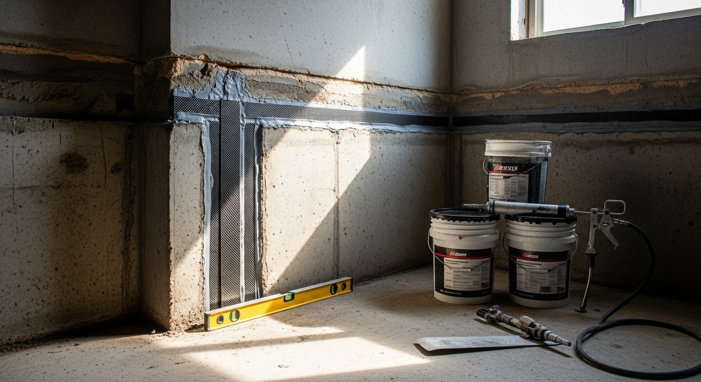 A Windsor, PA home's repaired basement foundation wall showing stabilized concrete block and sealed cracks. Iron Peak Construction crew working on a York County residential foundation repair project.