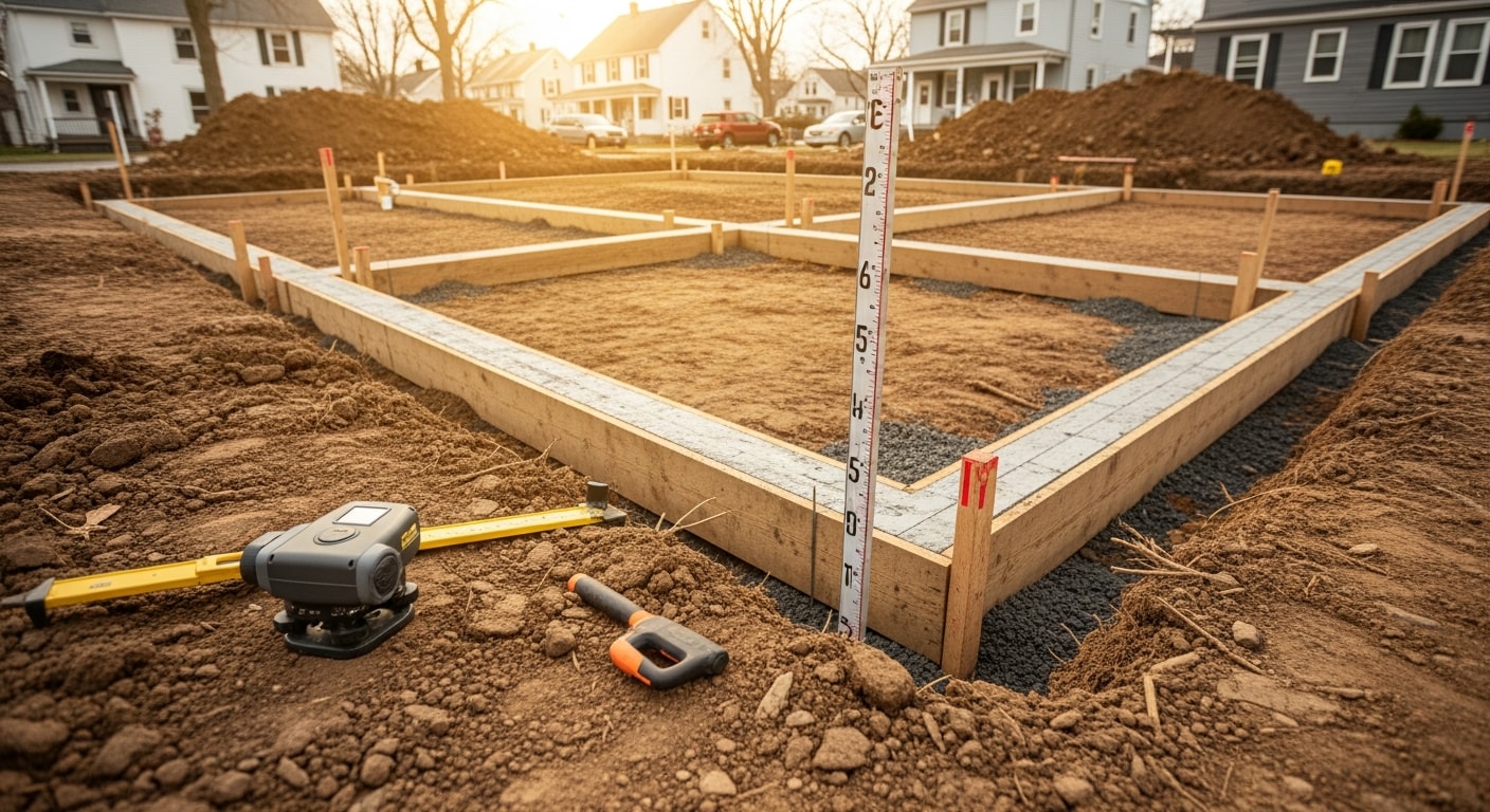 A newly poured concrete foundation at a residential property in Windsor, PA, with clean formed walls and compacted soil visible around the perimeter. The surrounding York County landscape is visible in the background.