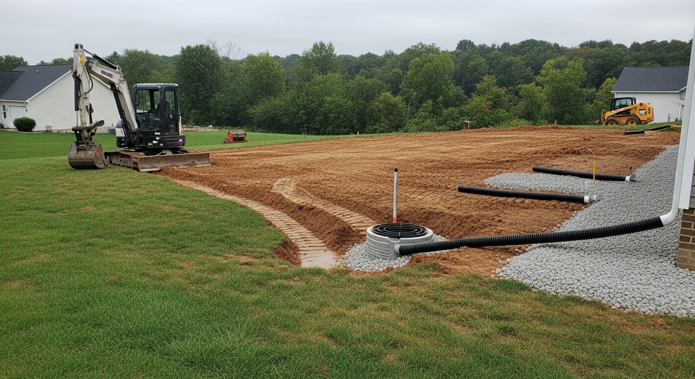 A freshly graded residential yard in Windsor, PA with a newly shaped swale directing stormwater away from the home's foundation. An Iron Peak Construction excavator is visible in the background on a York County property.