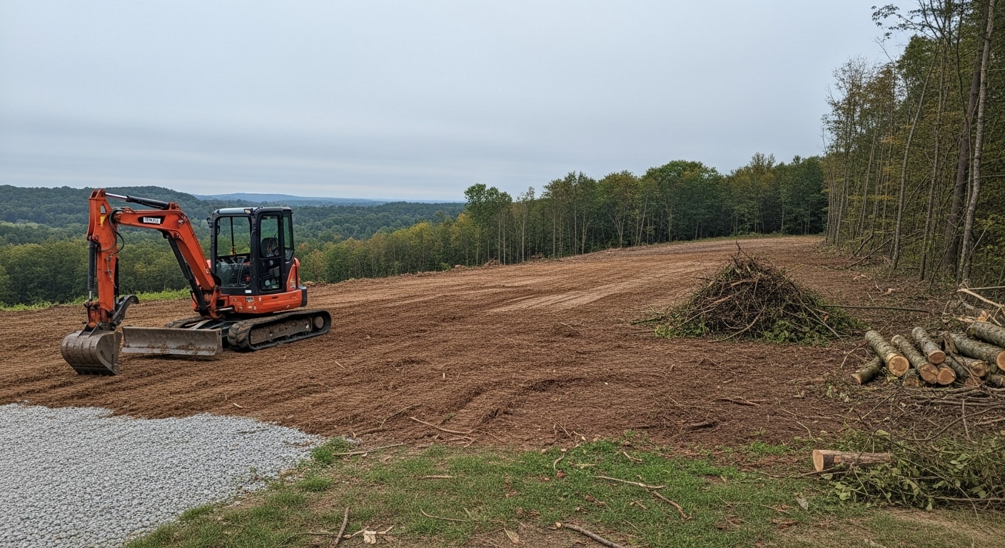 A freshly cleared residential lot in Windsor, PA with trees and brush removed, exposed soil graded flat, and surrounding tree line visible at the property edge. An excavator from Iron Peak Construction sits at the rear of the cleared site.