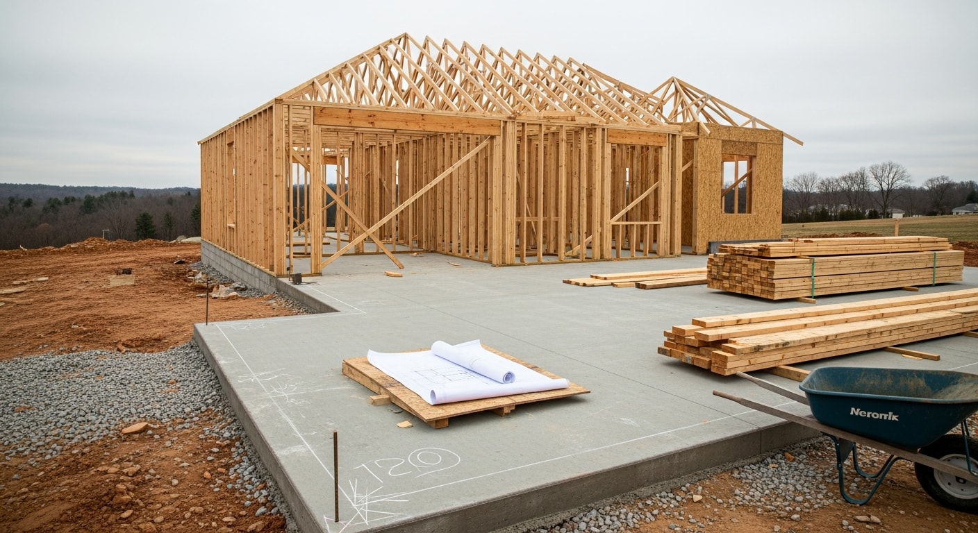 A newly framed two-story home under construction on a residential lot in Windsor, PA, with exposed wood framing and a concrete foundation visible against a clear sky. Iron Peak Construction crew members work on the structure in a York County suburban setting.