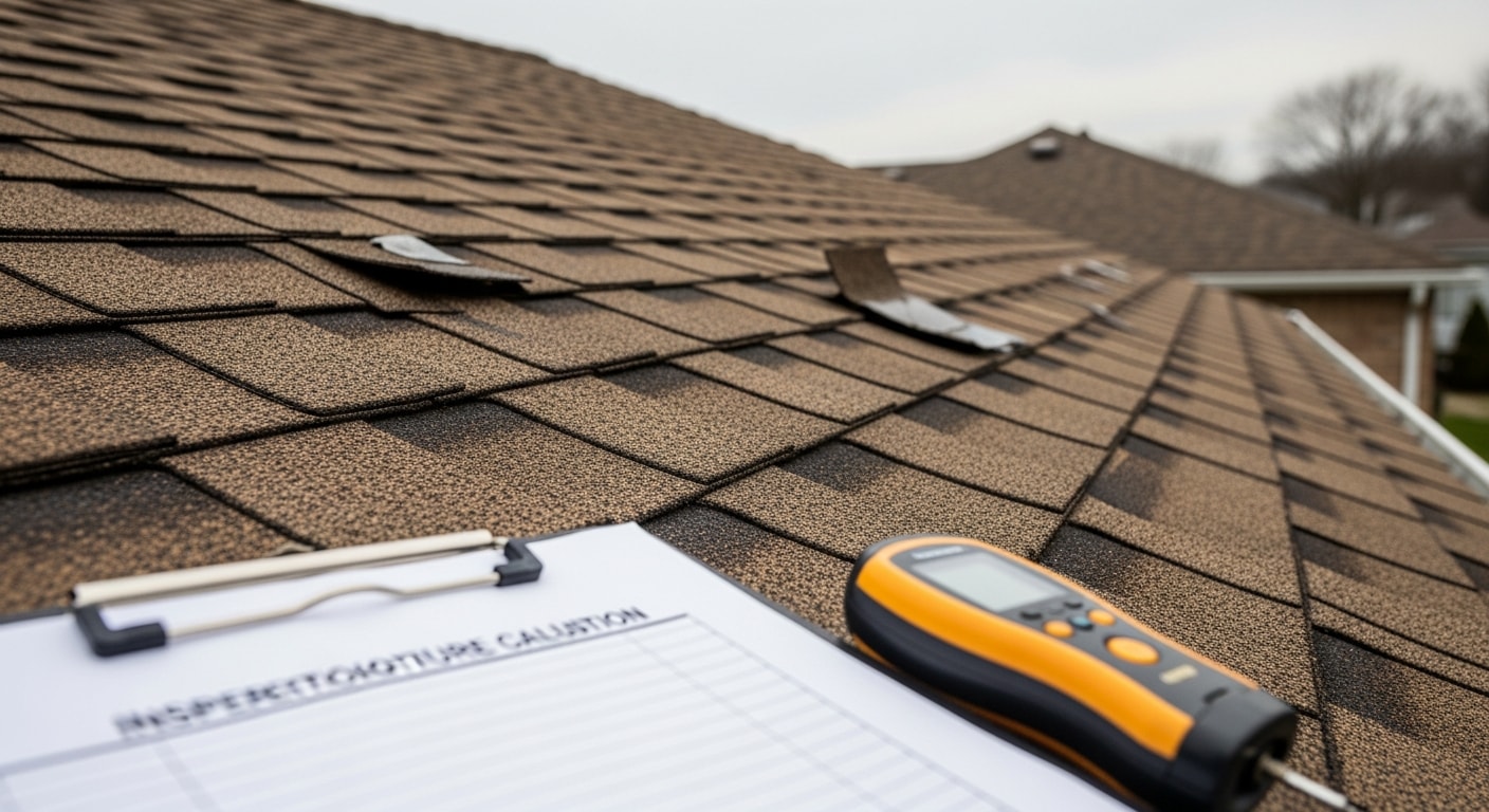 Iron Peak Construction roofer inspecting shingles and flashing on a single-family home in Windsor, PA. Close-up view of the roof slope showing granule wear and flashing condition during a professional roof inspection in York County.