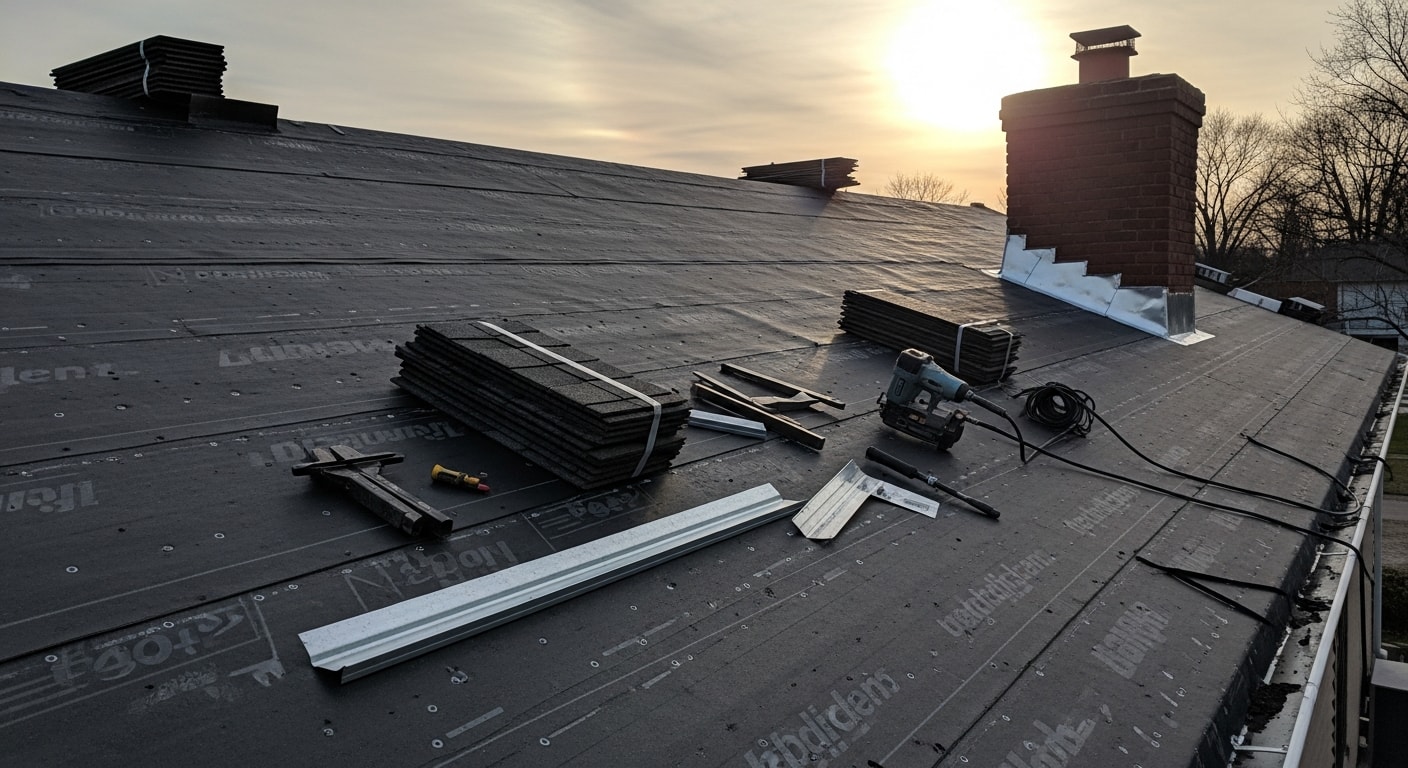 A completed residential roof installation on a two-story home in Windsor, PA, showing new roofing surface, finished ridge line, and sealed flashing around a chimney. The home sits in a York County neighborhood with mature trees visible in the background.