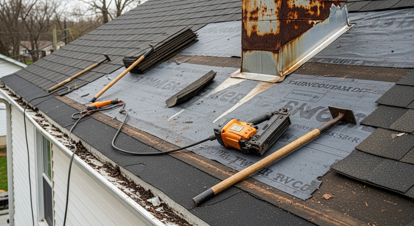 A roofing contractor from Iron Peak Construction replacing damaged shingles on a single-family home in Windsor, PA. Close-up view of repaired roof section showing fresh shingles and sealed flashing against a York County residential backdrop.