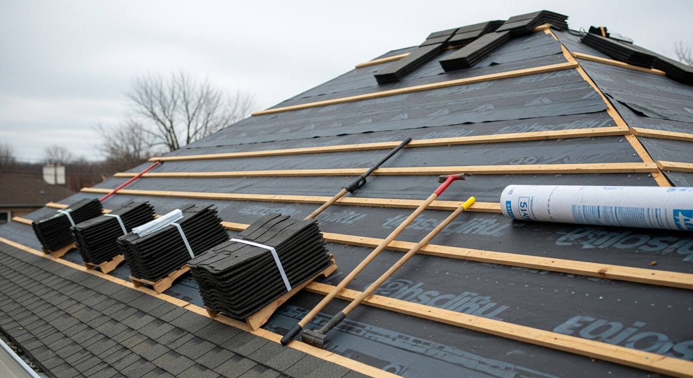 Completed roof replacement on a residential home in Windsor, PA, showing new shingles installed across the full roof deck. Iron Peak Construction crew working on a York County property with clean rooflines and finished ridge cap.