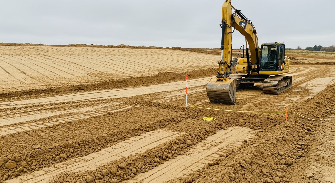 A graded and compacted building site in Windsor, PA with cleared land and shaped drainage slopes ready for construction. An excavator and dozer are visible on the leveled lot against a York County rural backdrop.
